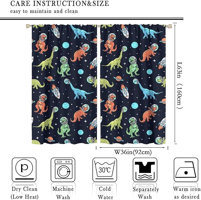 Cartoon Dinosaur Curtains for Kids Boys Girls Home Decor, Astronaut Rocket Funny Outer Space Blackout Rod Pocket Window Drapes for Bedroom Living Room W36xL63in 2 Panels-CubbioJoy