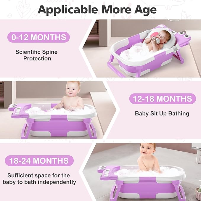 Collapsible Baby Bathtub for Newborn, Foldable Baby Bath Tub with Thermometer & Soft Floating Cushion & Drain Hole, Portable Travel Infant Bath Tubs for Newborns to Toddlers 0-36 Months Girls-CubbioJoy