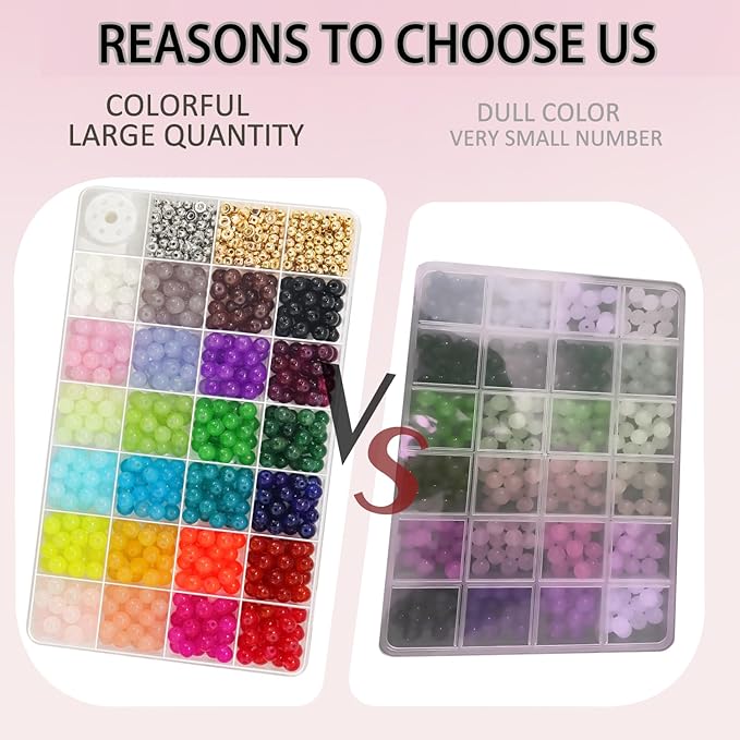 JULIMAIDONG 8mm Glass Beads for Bracelets 1000pcs, 24 Colors Round Crystal Glass Bracelet Beads Making Kit for Jewelry Making Kits Bead DIY Crafts with Spacer Charms Accessories (8MM, 24 Color)-CubbioJoy
