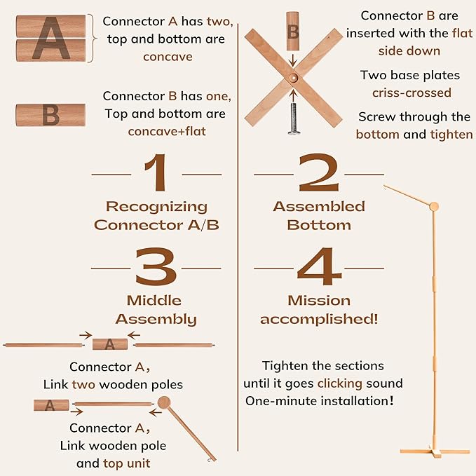 Crib Mobile Arm Wooden Floorstanding - 61 Inches Mobile Arm for Crib|Movable Baby Mobile Hanger|Strong Anti-Dumping Attachment|100% Natural EU Beech Wood|Thicker Wooden Pole|Boho Nursery Decor-CubbioJoy