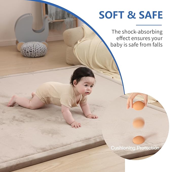 Baby Play Mat for Floor, 1.3" Thick Elasti-Foam 50x50 Playpen Mat for Toddlers Infant kids,Water-Repellent Soft Coral Velvet for Tummy Time, Non-Slip Backing for Crawling,Tatami Style(Beige)-CubbioJoy