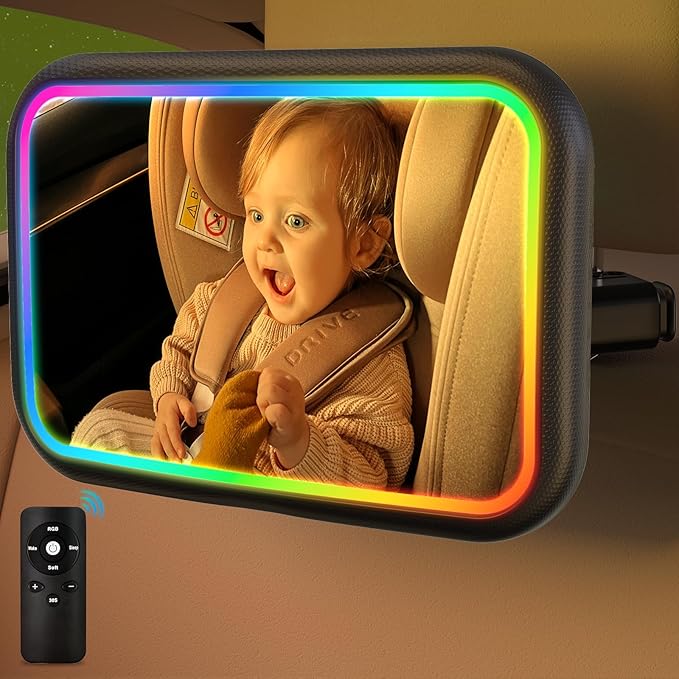 Baby Car Mirror with Light, 7 RGB Light Rear Facing Baby Car Seat Mirror with Remote Control Rechargeable 360° Rotation Hook Clip Design Wide View Shatterproof-CubbioJoy