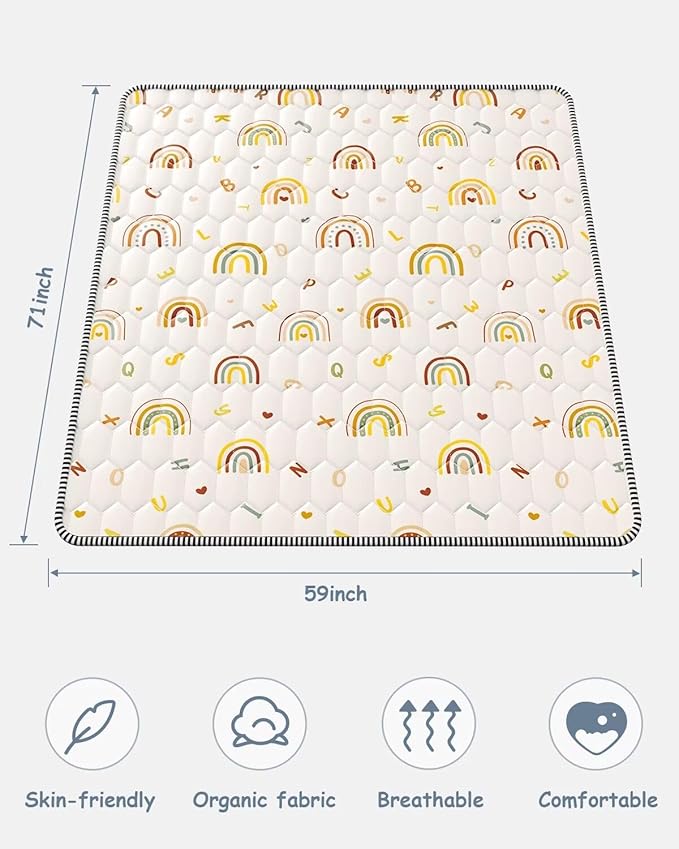 Boho Rainbow Baby Play Mat 71" X 59" Playpen Mat Thicken One-Piece Crawling Mat Non-Slip Cushioned Baby Floor Mat Letter Playmats for Babies Toddlers Infants Tummy Time Activity (71X59,Beige)-CubbioJoy