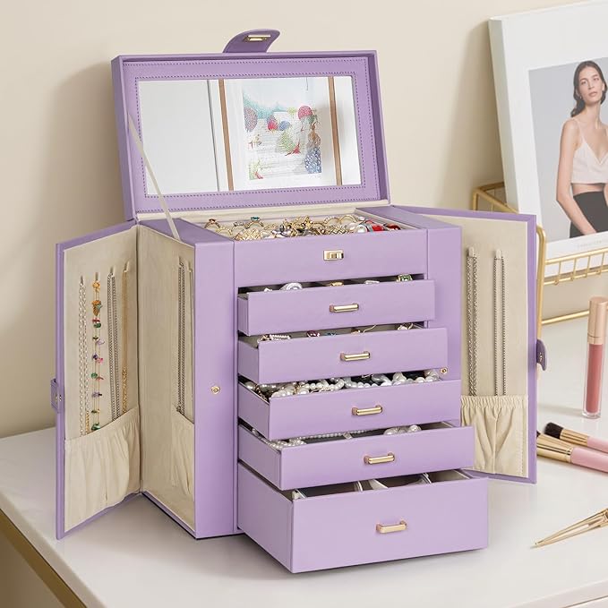 AKOZLIN Extra Large 6-Tier Jewelry Box Organizer Functional Huge, 5 Drawers Leather Jewelry Storage Case for Women Girls Ring Necklace Earring Bracelet Holder Organizer with Mirror Violet-CubbioJoy