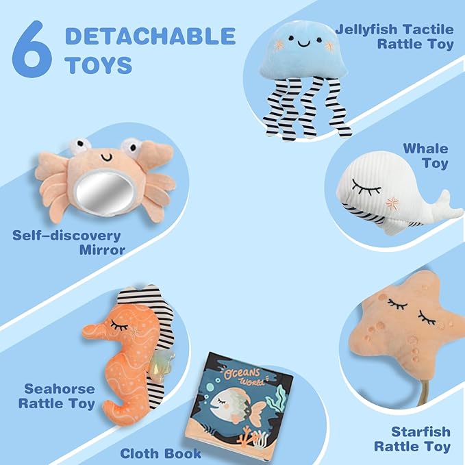 Baby Play Mat, Oversize Shell Tummy Time Mat with 6 Detachable Baby Activity Toys, Baby Gyms & Playmats for Babies 0-6 Months, Baby Mat for Floor Newborn Baby Shower Gifts (Beige)-CubbioJoy