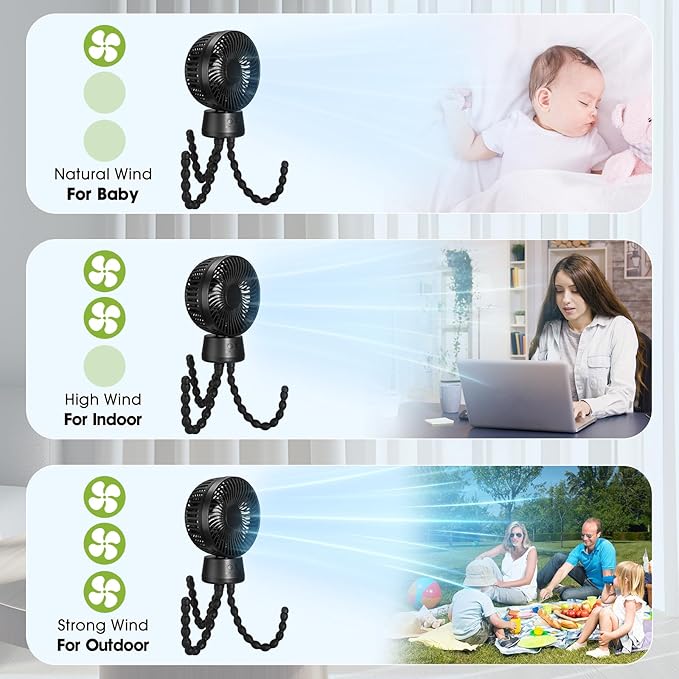 50H Portable Stroller Fan, 15000mAh Ultra-Long Battery Powered Rechargeable Personal Fans, Tripod Clip Fan with Auto Rotation，3 Speed Desk Handheld Cooling for Travel Car Seat Bedroom-CubbioJoy