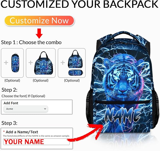 Boys School Backpack, Personalized Tiger Backpacks with Name for Kids Kindergarten Primary Senior Middle, 17 Inch Durable Personalized Cool Lightning Bookbag for School-CubbioJoy