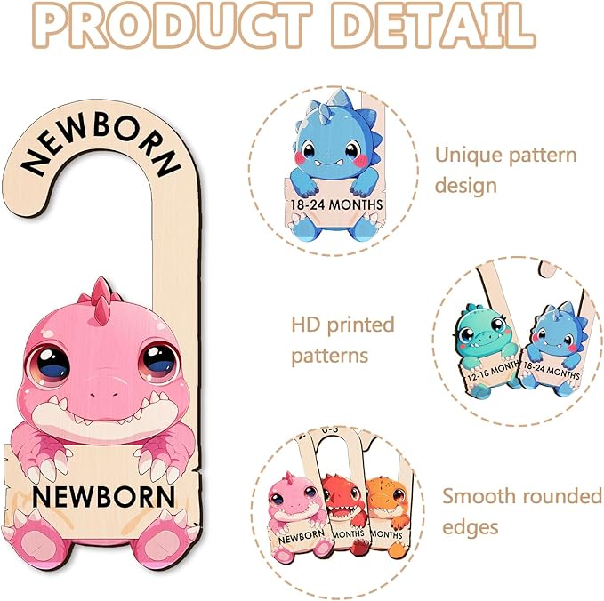 Baby Clothes Dividers for Closet - Wooden Baby Size Closet Dividers Newborn to 24 Months, Unique Dinosaur Design Babies Clothes Organizer for Nursery Decor Gender-Neutral Newborn Hangers (Set of 8)-CubbioJoy