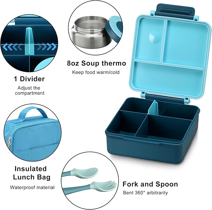 Bento Lunch Box for Kids with 8oz Soup Thermo&Lunch Bag, Leak-Proof Lunch Food Containers with 4 Compartment, Hot Food Insulated Food Jar for Kids School (Blue)-CubbioJoy