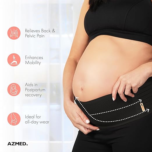 AZMED Maternity Belt Back Support - Adjustable Abdominal Binder for Pregnancy - Belly Band for Pelvic, Waist & Lower Back Comfort - Fits Up to 46 Inches - Black-CubbioJoy