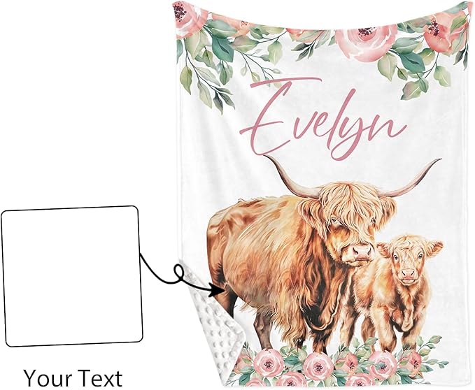 Custom Nursery Crib Bedding Set: Personalized Name 4 Piece Floral Highland Cow Design Baby Crib Sets for Girls - Toddler Double Layer Blanket Set, Comfortable Crib Bed Sheets for Baby Toddlers-CubbioJoy