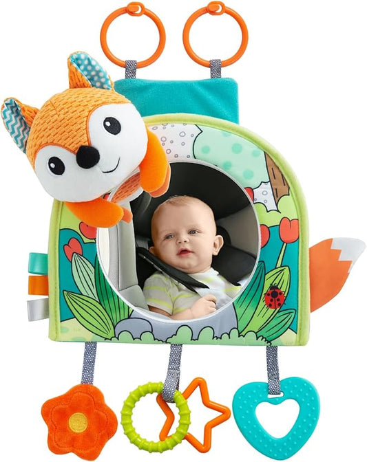 Car Seat Toy, Baby Car Mirror Toy for Rear Facing, Travel Baby Activity Center with Hanging Engaging Toys for Infants Babies 0-6-12-18 Months Boy Girl-CubbioJoy