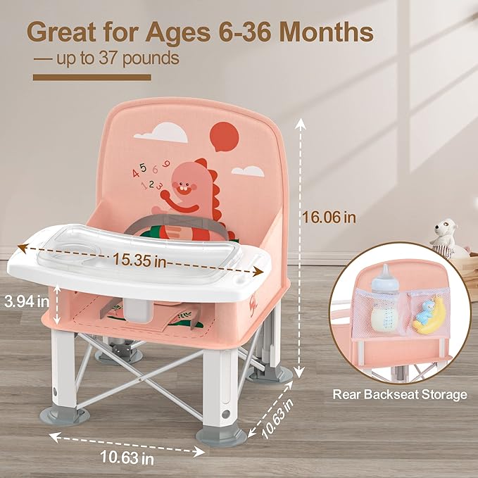 Baby Travel Booster Seat with Double Tray, BabyBond Upgraded Toddler Portable Baby Chair, Booster Seat for Dining Table, Stable and Foldable Booster Baby Chair for Indoor/Outdoor (Pink Dinosaur)-CubbioJoy