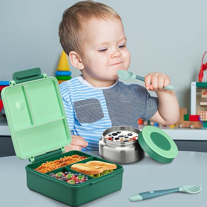 Bento Lunch Box for Kids with 8oz Soup Thermo&Lunch Bag, Leak-Proof Lunch Food Containers with 4 Compartment, Hot Food Insulated Food Jar for Kids School (Green)-CubbioJoy