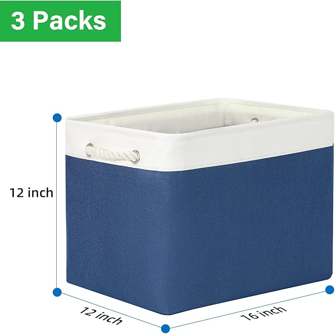 Bidtakay Large Storage Baskets for Shelves 3 Pack Fabric Storage Bins for Organizing Navy Blue Decorative Baskets Linen Collapsible Organizer for Closet-CubbioJoy