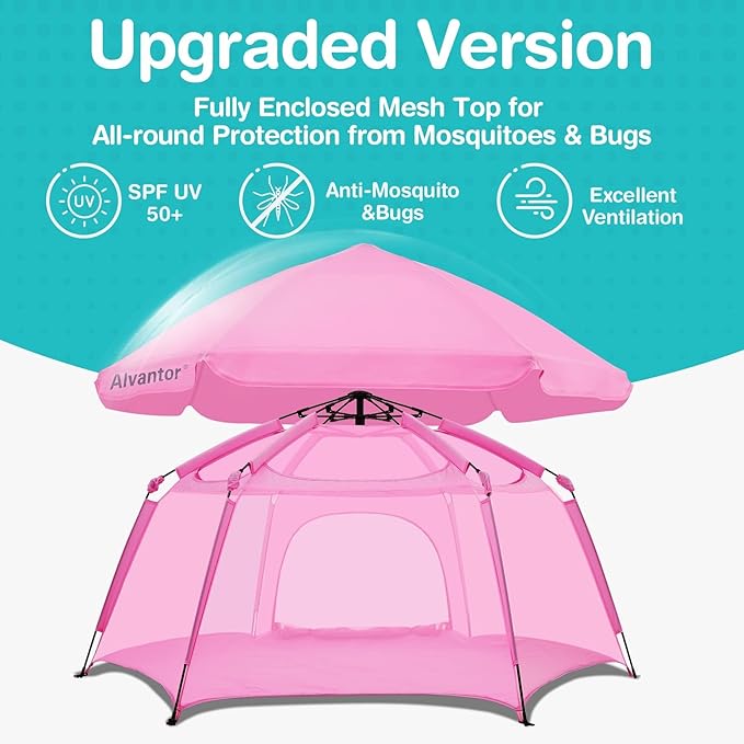 Alvantor Pop Up Playpen- 7'x7'x44”Baby Playpens Large Kids Play Tent Portable and Foldable Playpen Indoor/Outdoor Play Yard with Protective Mesh, UV SPF 50+ Sunshade, and Soft Foam Floor, Pink-CubbioJoy