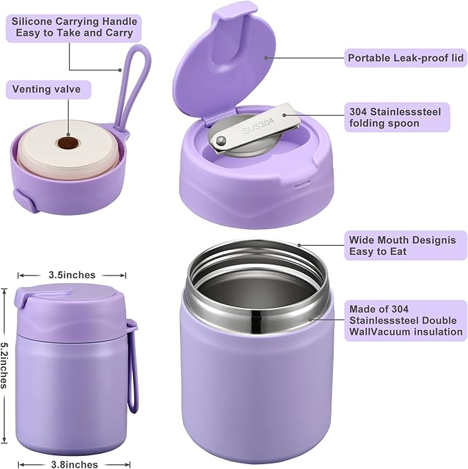 17oz Soup Thermo for Hot Food Kids,Insulated Food Jar with Spoon,Thermo Hot Food Lunch Container,Wide Mouth Leakproof Stainless Steel Lunch Box for School-Purple-CubbioJoy