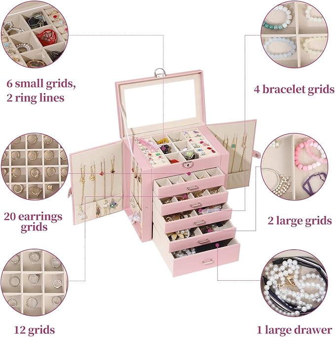 BOOVO Jewelry Box For women, 6 Layer Large Jewelry Organizer With Mirror, Multi-Function Storage Box With Lock, Accessory Holder With 5 Drawers, For Earrings Necklace Ring Bracelet (Pink)-CubbioJoy