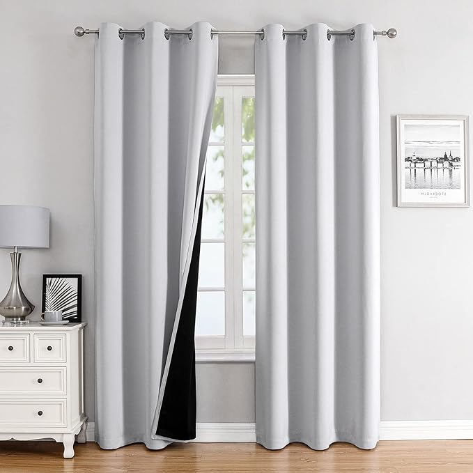 ChrisDowa 100% Blackout Curtains for Bedroom with Black Liner, 2 Thick Layers Total Blackout Thermal Insulated Grommet Window Curtains 2 Panels Set (Greyish White, 42 x 84 Inch)-CubbioJoy