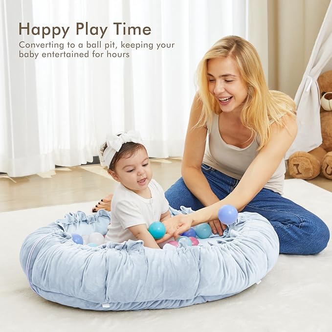 ANGELBLISS 5 in 1 Baby Play Gym Mat, Reversible Tummy Time Mat with 5 Sensory Toys for Stage-Based Developmental, Thick & Large Baby Activity Center from Newborn to Toddler (Light Blue)-CubbioJoy