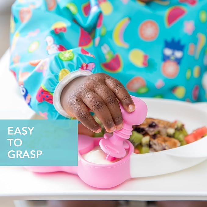 Bumkins Baby Utensils Set, Chewtensils Silicone Spoons for Dipping, Self-Feeding, Baby Led Weaning, Trainer Learning, First Stage Eating, Soft Practice Fork and Spoon, 6 Months, Hello Kitty Pink-CubbioJoy