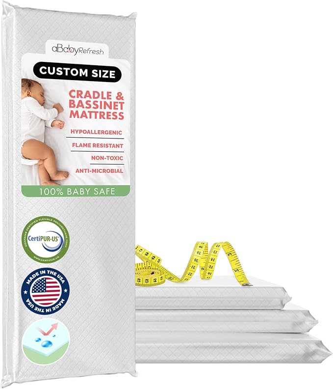 Custom Size Cradle Baby Mattress and Bassinet Mattress – Firm Foam Baby Bed with Waterproof Vinyl Cover – Non-Toxic Hypoallergenic Cushion Pad Replacement for Infant Bed-CubbioJoy