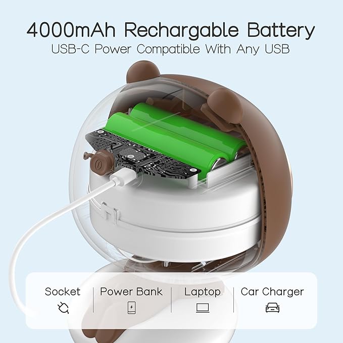 Cute Bear Stroller Fan Clip On for Baby, Portable Bladeless Fans 4 Speeds Oscillating, 4000mAh Rechargeable Battery Powered, Flexible Tripod Strong Cooling for Bedside Crib Car Seat-CubbioJoy
