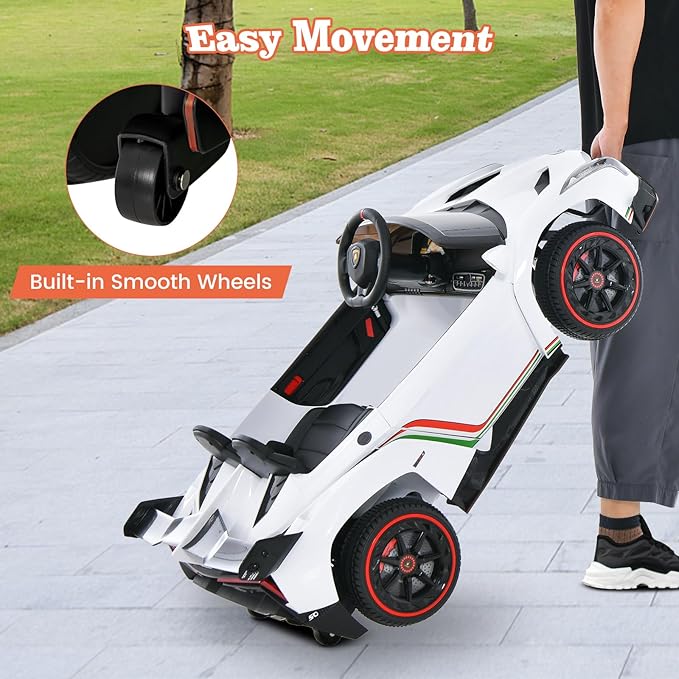 Costzon Ride on Car, Lamborghini Licensed 12V Battery Powered 4WD Sports Car with Remote Control, 3 Speeds, Hydraulic Doors, LED Lights, Towing Wheel, Horn, Music, Electric Vehicle for Kids Aged 3-8-CubbioJoy