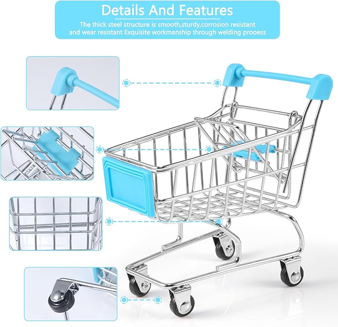 134pcs Mini Shopping Cart Basket Miniature Food Drink Bottle Supermarket Metal Handcart Toys Doll House Store Cosplay Game Dollhouse Grocery Fruit Cake Bread Party Trolley Model Dollar Bills-CubbioJoy