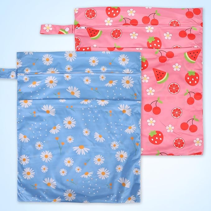 2pcs Travel Waterproof Laundry Bag, Cloth Diaper Wet Dry Bags with Handle & 2 Zipper Pockets, Reusable Washable Dirty Clothes Bag for Baby Adult Travelling Hanging, Bathing Beach Pool Daycare-CubbioJoy