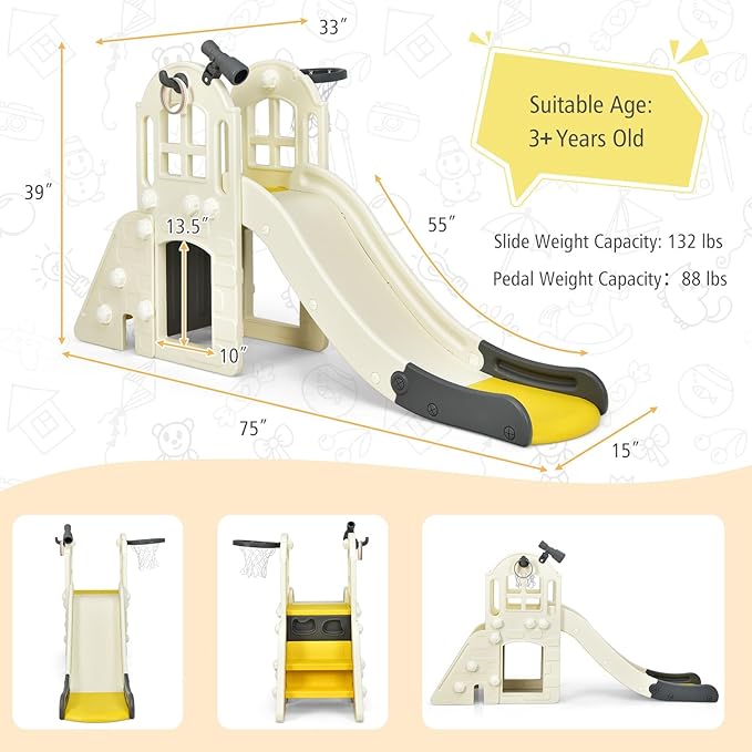 BABY JOY Toddler Large Slide, 6 in 1 Slide for Kids with Basketball Hoop, Ring Toss, 2 in 1 Convertible Climbing Way, Freestanding Kids Slide Climber Set for Indoors Outdoor Boys Girls Gifts Present-CubbioJoy