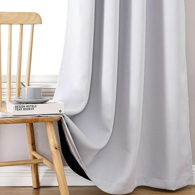 ChrisDowa 100% Blackout Curtains 63 inch Long for Bedroom with Black Liner, 2 Thick Layers Total Blackout Thermal Insulated Grommet Window Curtains 2 Panels Set (Greyish White, 38 x 63 Inch)-CubbioJoy
