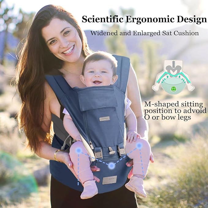 Baby Carrier, 3-in-1 Baby Carrier Newborn to Toddler with Hip Seat (Ergonomic M Position) for 0-36 Month/7-45lbs, Adjustable Size for Enhanced Lumbar Support, Perfect for On-The-go, Blue-CubbioJoy