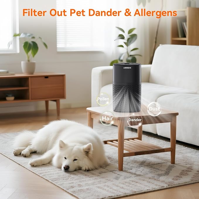AIRROMI Pets Air Purifier for Home Allergies,Up to 660 ft².Yellow Deodorizing Activated Carbon Filter,With Fragrance Sponge for Better Sleep,Night Light,Pet Dander,Smoke,Odors,Air Cleaner A2002 Black-CubbioJoy