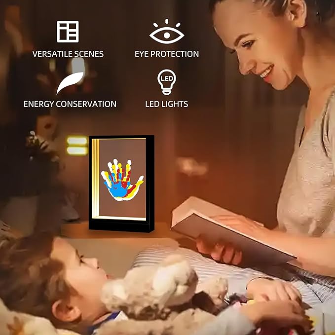 CHERRY CHEERS Family Handprint Kit with Light, Handprint Keepsake Frame, Wooden Led Light, Easy Install, No Need Screw etc, Non-Toxic Paints (Black)-CubbioJoy