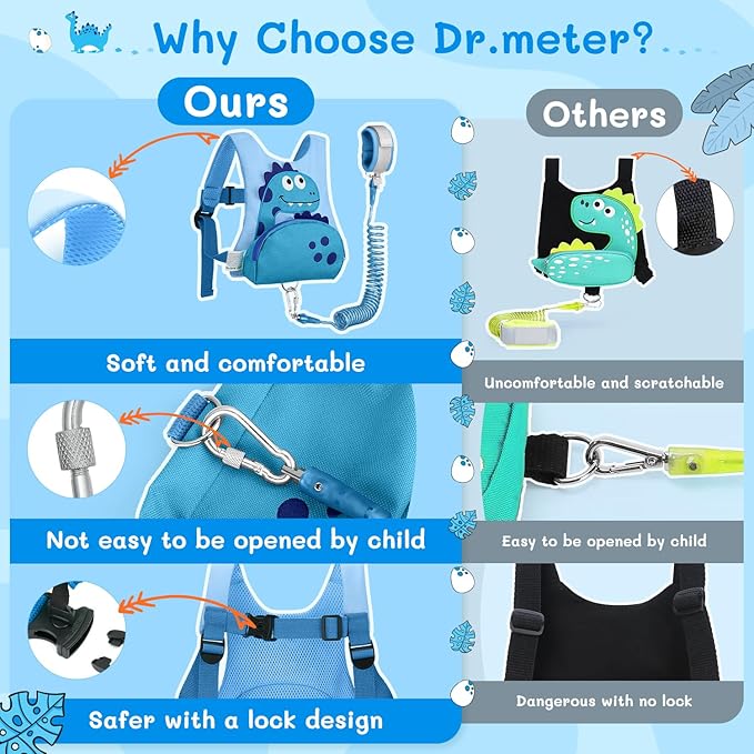 Dr.meter 3 in 1 Toddler Harness Leash + 8.2ft Anti Lost Wrist Link, Cute Dinosaur Kids Safety Harness with Key Lock, Child Walking Harness Assistant Strap for Outdoor Activity Travel-CubbioJoy