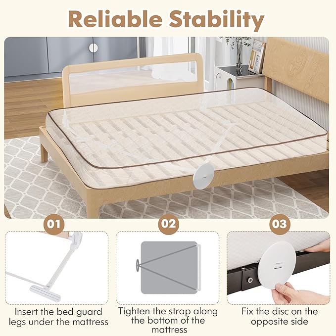 BABY JOY Bed Rails for Toddlers, 59'' Extra Long, Swing Down Bed Guard w/Safety Strap, Folding Baby Bedrail for Kids Twin, Double, Full Size Queen & King Mattress (59-Inch, Beige)-CubbioJoy