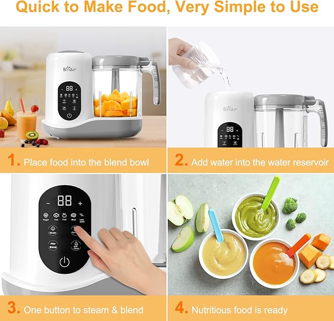 BEAR 2024 Baby Food Maker | One Step Baby Food Processor Steamer Puree Blender | Auto Cooking & Grinding | Baby Food Puree Maker with Self Cleans | Touch Screen Control, White-CubbioJoy