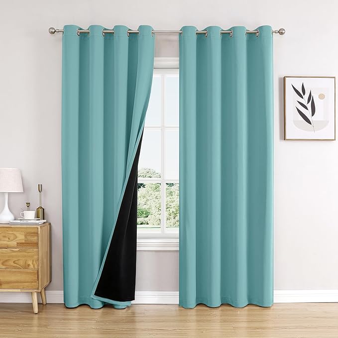 ChrisDowa 100% Blackout Curtains 80 inch Long for Bedroom with Black Liner, 2 Thick Layers Total Blackout Thermal Insulated Grommet Window Curtains 2 Panels Set (Aqua, 52 x 80 Inch)-CubbioJoy