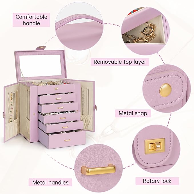 AKOZLIN Huge Jewelry Box Organizer Functional Large Leather Jewelry Storage Case for Women Girls Ring Necklace Earring Bracelet Holder Organizer with Mirror-CubbioJoy