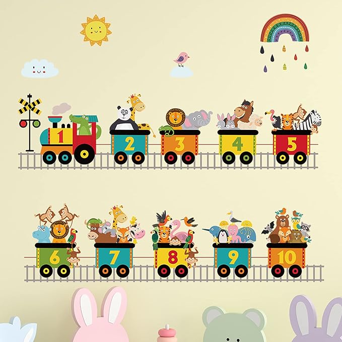 Alphabet Train Color Learning Educational Wall Decals Peel and Stick Cute Animal Wall Stickers for Educational Classroom Kids Playroom Bedroom Decorations (Train numbers02)-CubbioJoy