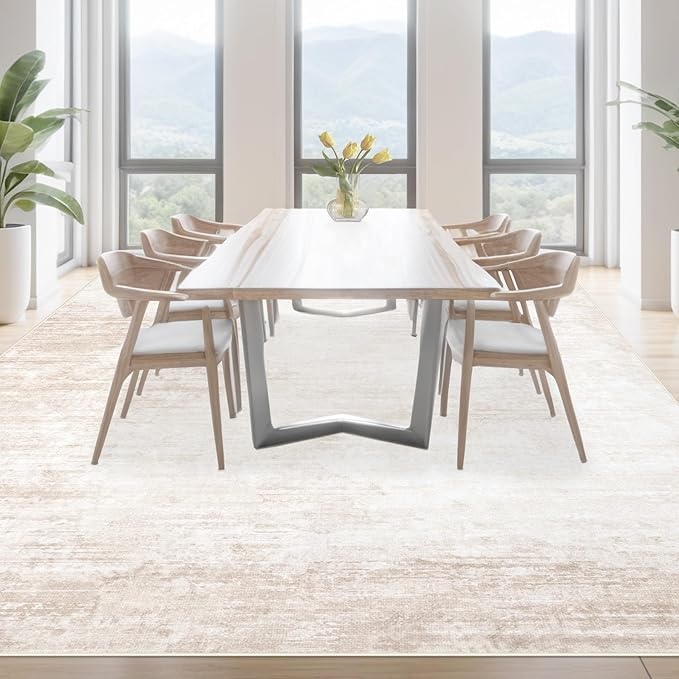 Area Rugs 9x12 Living Room: Washable Rug Modern Abstract Large Rugs Soft Non Slip Neutral Rug Stain Resistant Indoor Carpet for Bedroom Kitchen Dining Room Table Nursery Home Office Rugs(Beige,9'x12')-CubbioJoy