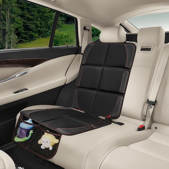 Car Seat Protector 2 Pack Baby Car Seat Covers with Mesh Pockets & Non-Slip Backing 600D Durable Seat Protector Under Baby Car Seat (Black & Red, Large)-CubbioJoy