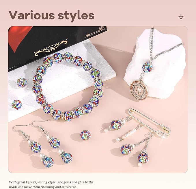 200pcs 10mm Rhinestone Beads for Jewelry Making, White Mixed Shiny Round Disco Ball Beads Bulk, Sparkle Crystal Clay Christmas for Bracelet Baseball Necklace Earring Crafting and DIY-CubbioJoy