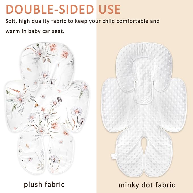2 in 1 Infant Car Seat Insert, Car Seat Head Support Baby Girls Boys, Soft Newborn Carseat Insert Cushion, Perfect for Carseats, Strollers, Swings (White Flower)-CubbioJoy