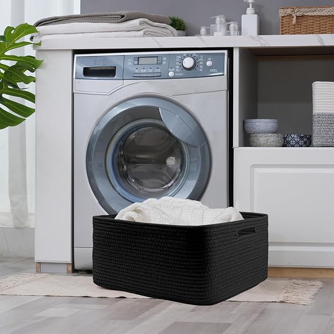 COMFY-HOMI Cotton Rope Woven Basket with Handles for Shelves,Toys,Book, Cloth Storage Baskets for Organizing-17" x 13" x 7.5" Toy Decorative Organizer for Living Room, Bathroom （all black）-CubbioJoy