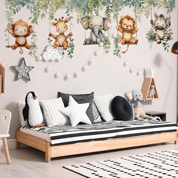 Jungle Animal Wall Decals,Jungle Animals Monkey Elephants, Lions, Zebras, Giraffes Vine Leaves Wall Stickers,Zoo Sticker for Kids Baby Boys Room Nursery Bedroom Playroom Home Decoration.-CubbioJoy