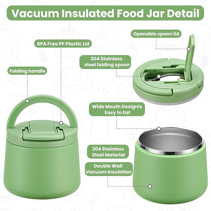 14oz Insulated Vacuum Food Jar with Buckle Lid,Soup Thermo for Hot Food Kids,Wide Mouth Leakproof Stainless Steel Lunch Container with Spoon-Green-CubbioJoy