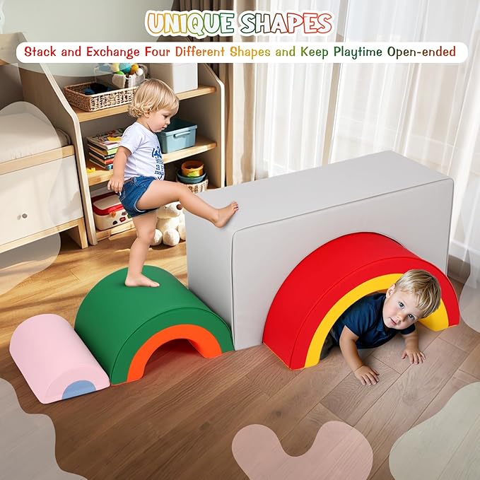 Asweets 4 in 1 Rainbow Foam Climbing Blocks for Toddlers, Indoor Soft Climb and Crawl Play Climbing Toys for Creativity & Imagination, Recognize Color-CubbioJoy