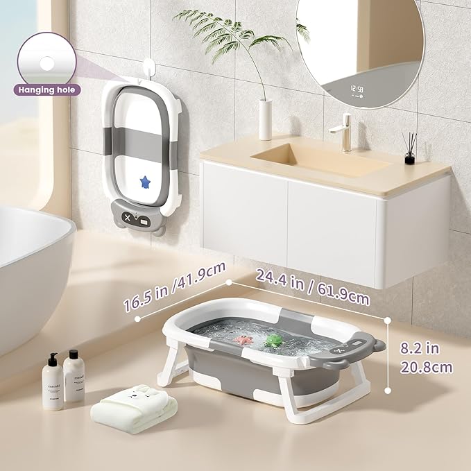 Collapsible Baby Bathtub for Newborn to Toddler (0-18 Month) - Portable Baby Bath Tub for Travel, Newborn Bathtub with Soft Towel and Floating Cushion (Gray)-CubbioJoy